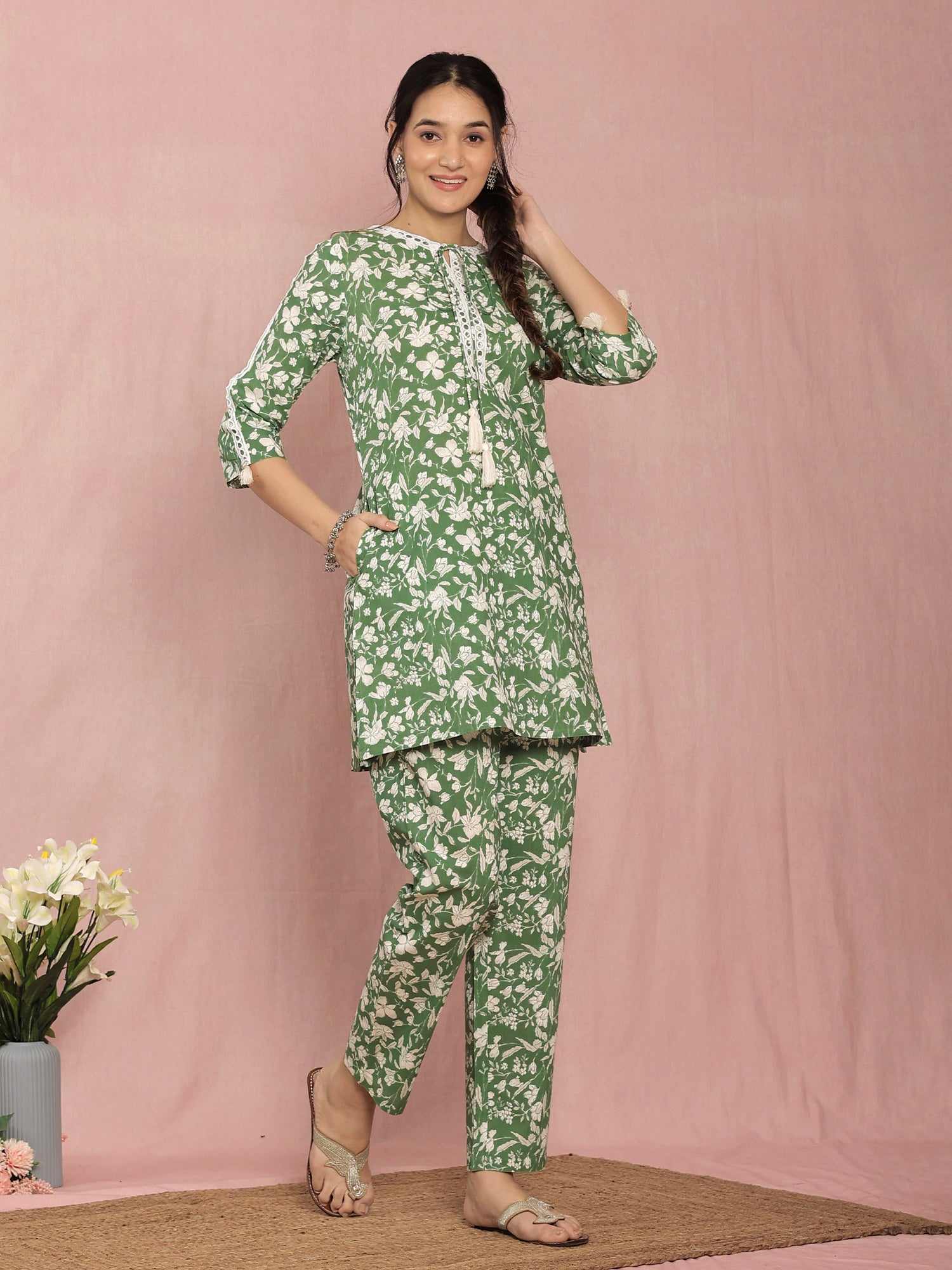 Green Cotton A-line Floral Printed Co-ord Set